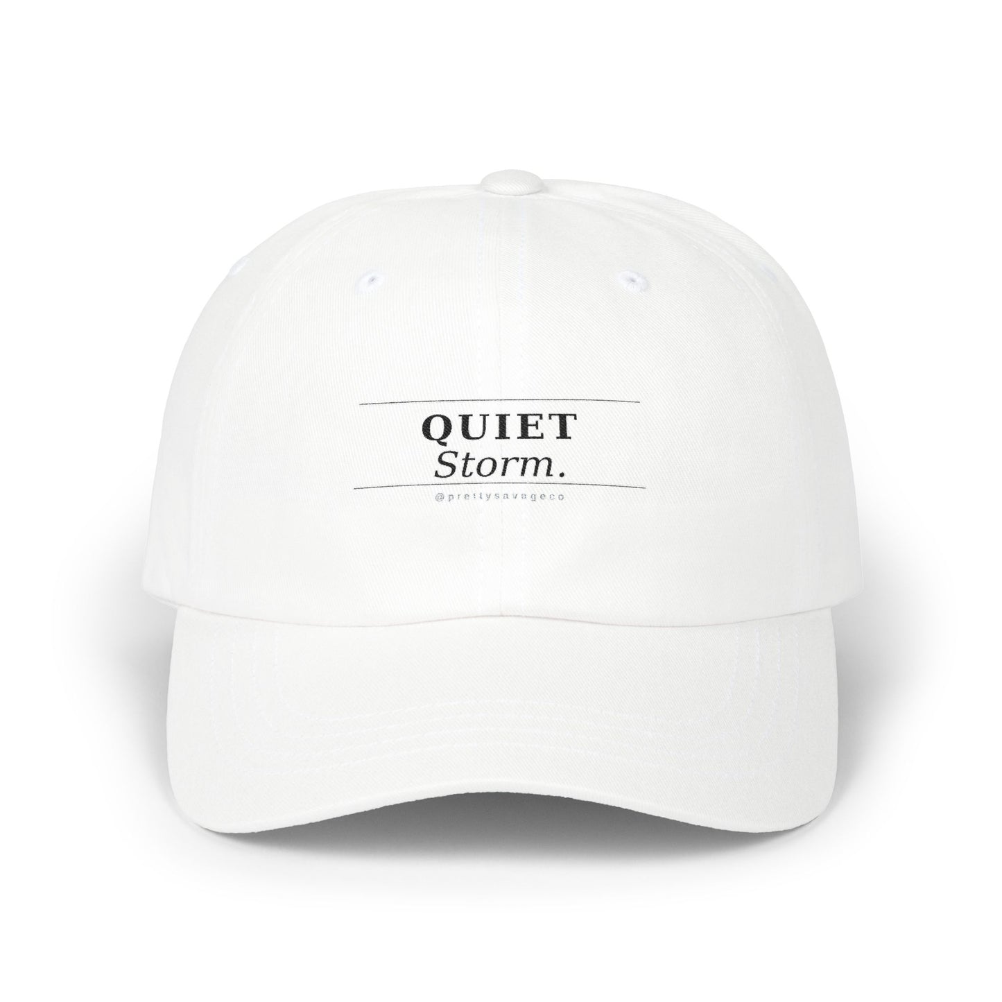 Quiet Storm Dad Cap – Minimalist White Baseball Hat with Subtle 'QUIET Storm.' Text