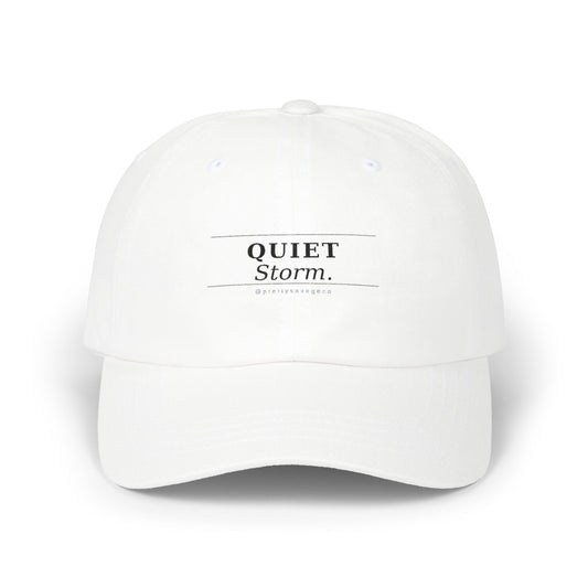 Quiet Storm Dad Cap – Minimalist White Baseball Hat with Subtle 'QUIET Storm.' Text