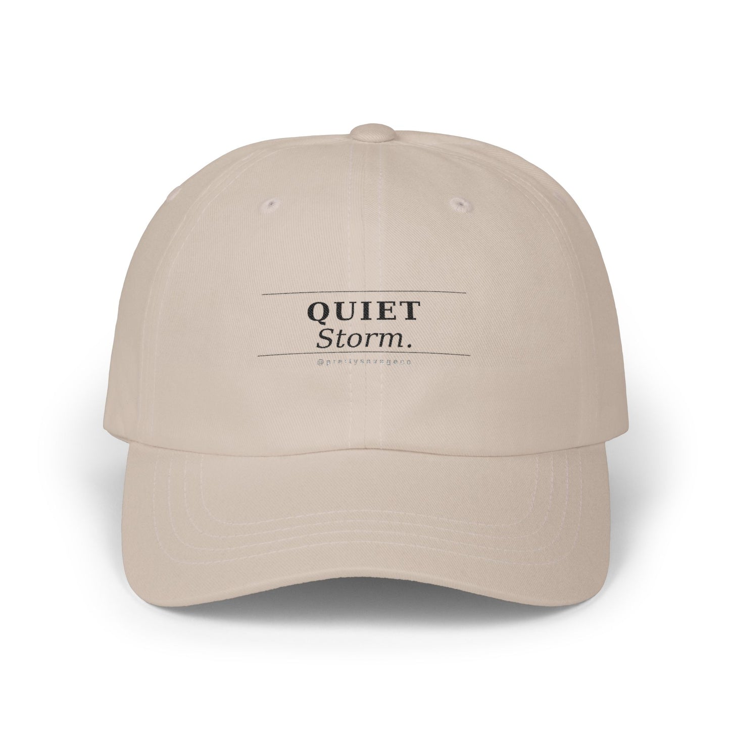Quiet Storm Dad Cap – Minimalist White Baseball Hat with Subtle 'QUIET Storm.' Text