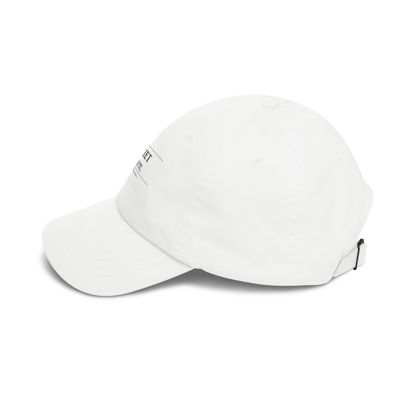 Quiet Storm Dad Cap – Minimalist White Baseball Hat with Subtle 'QUIET Storm.' Text