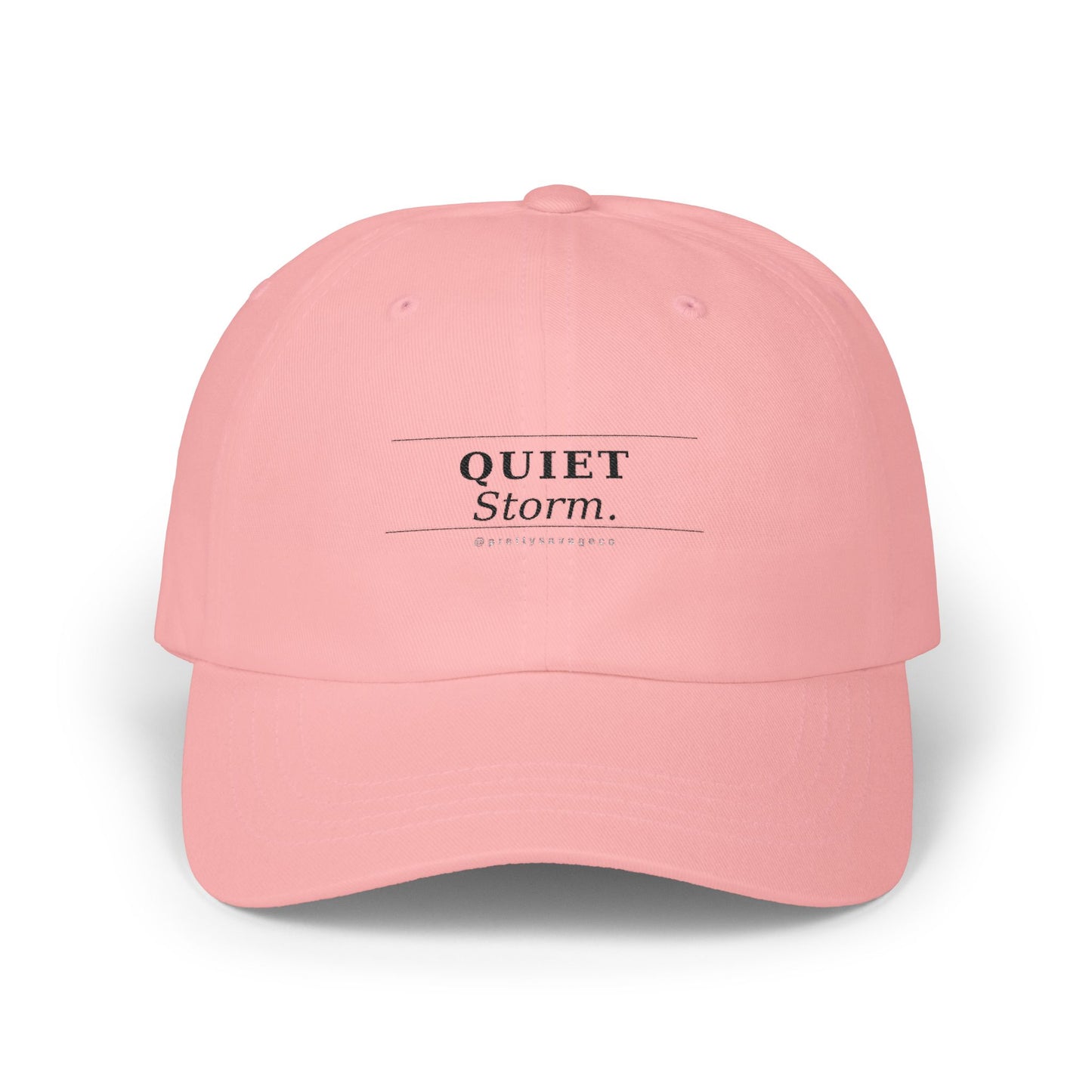 Quiet Storm Dad Cap – Minimalist White Baseball Hat with Subtle 'QUIET Storm.' Text