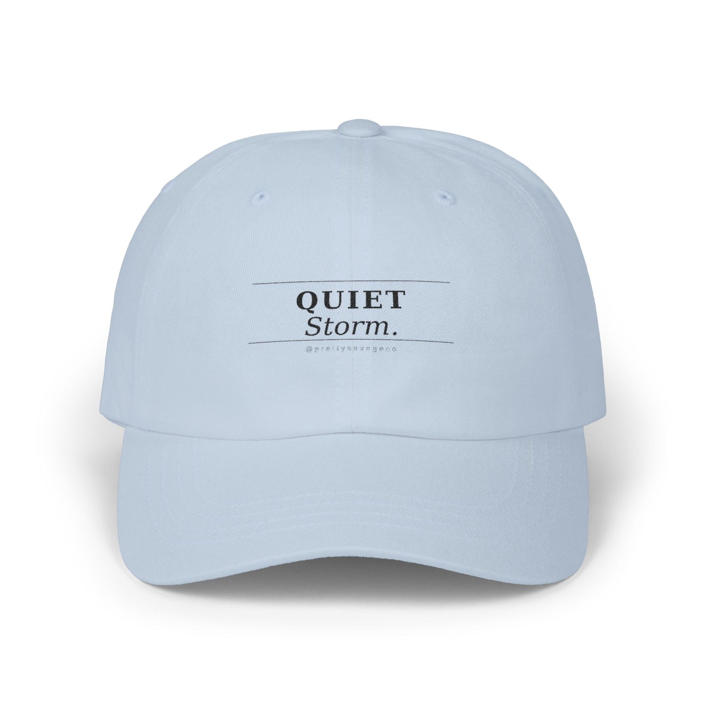 Quiet Storm Dad Cap – Minimalist White Baseball Hat with Subtle 'QUIET Storm.' Text