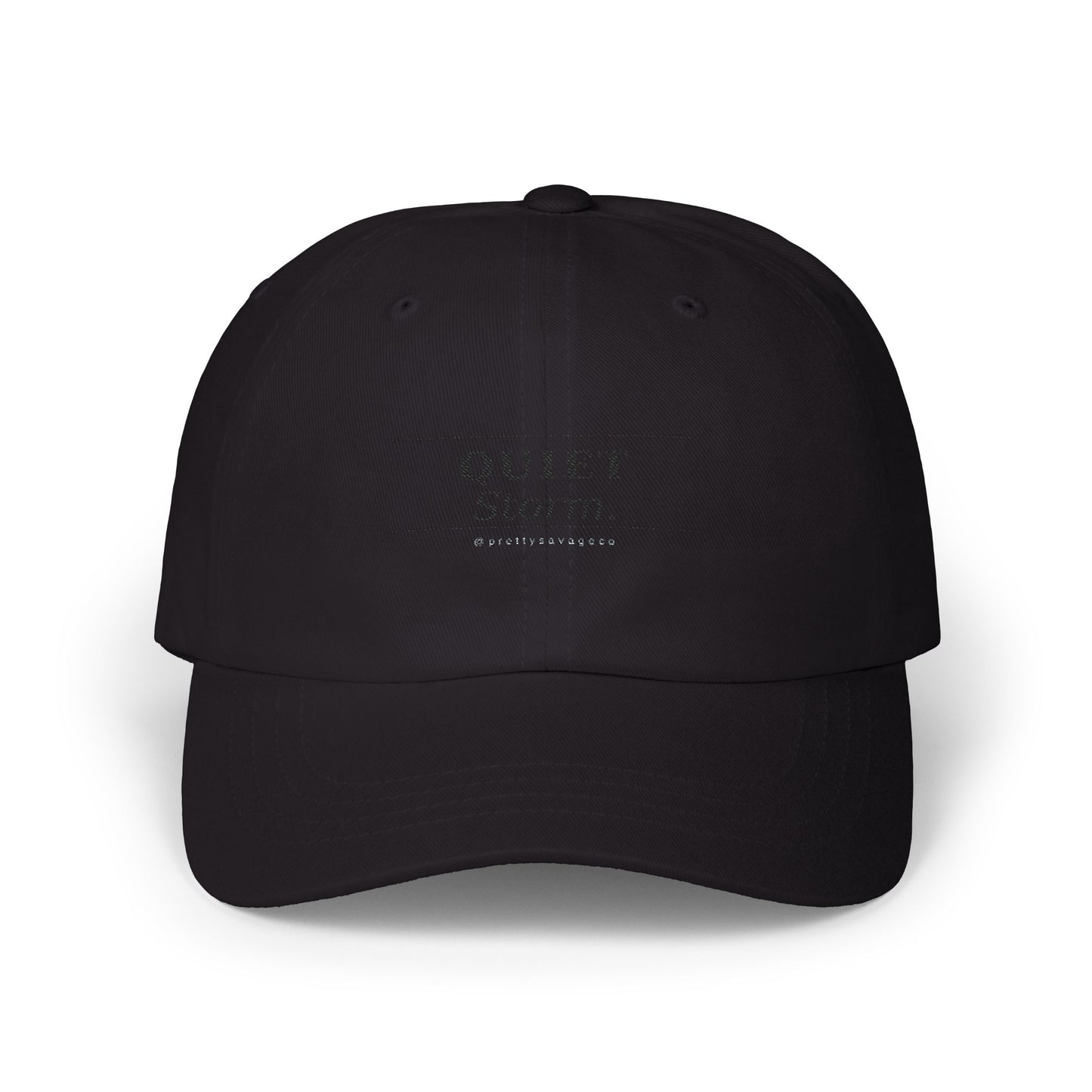 Quiet Storm Dad Cap – Minimalist White Baseball Hat with Subtle 'QUIET Storm.' Text
